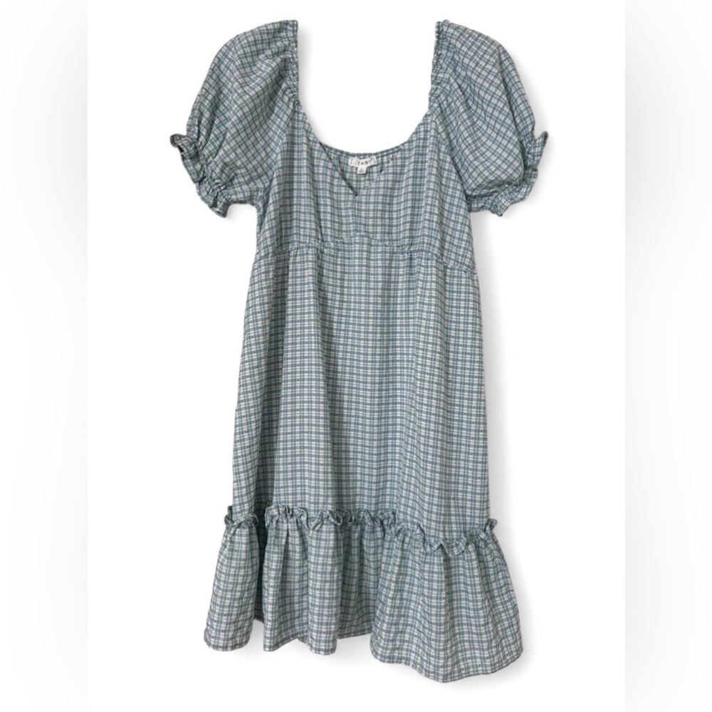 Teal & White Checkered Puff Sleeve Mini Dress - Size Large | E&M Boutique